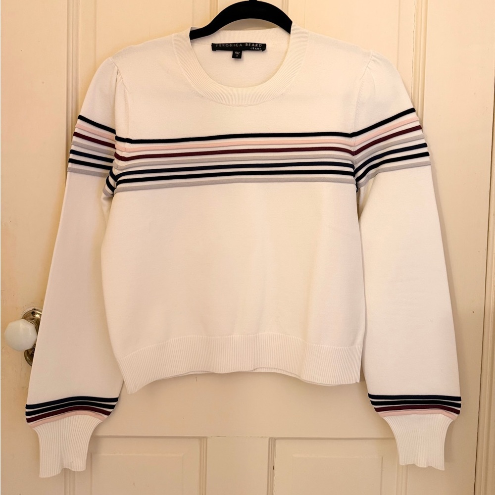 Veronica Beard White Top with Pink, Grey, Navy, and Black Stripes